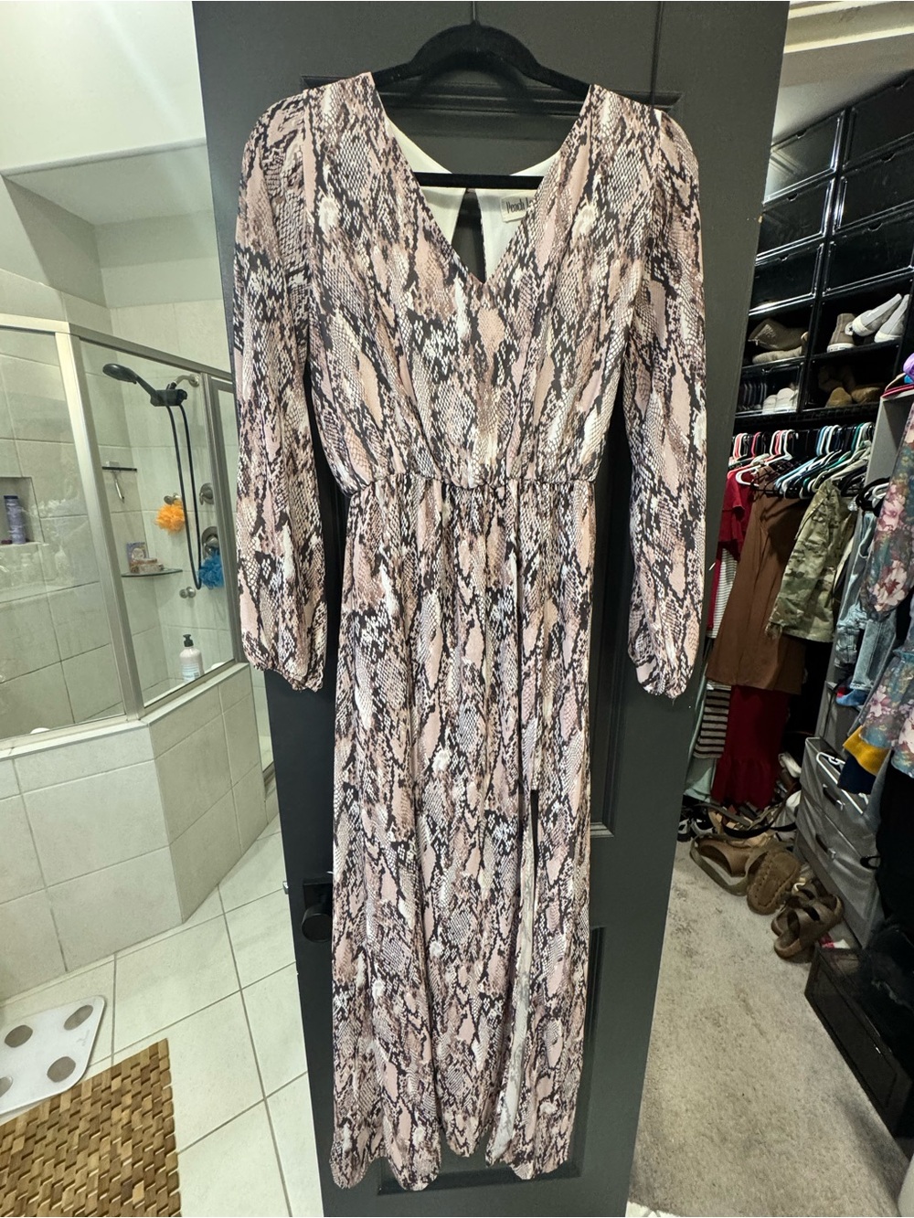 Snake Print Long Sleeve Maxi Dress with hidden shorts/Romper - Pink